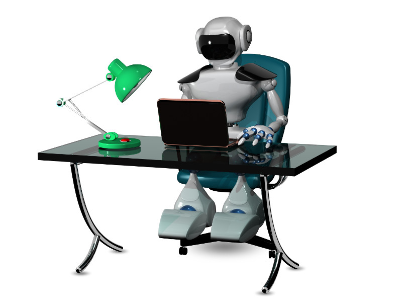 3d abstract illustration of a robot at the table